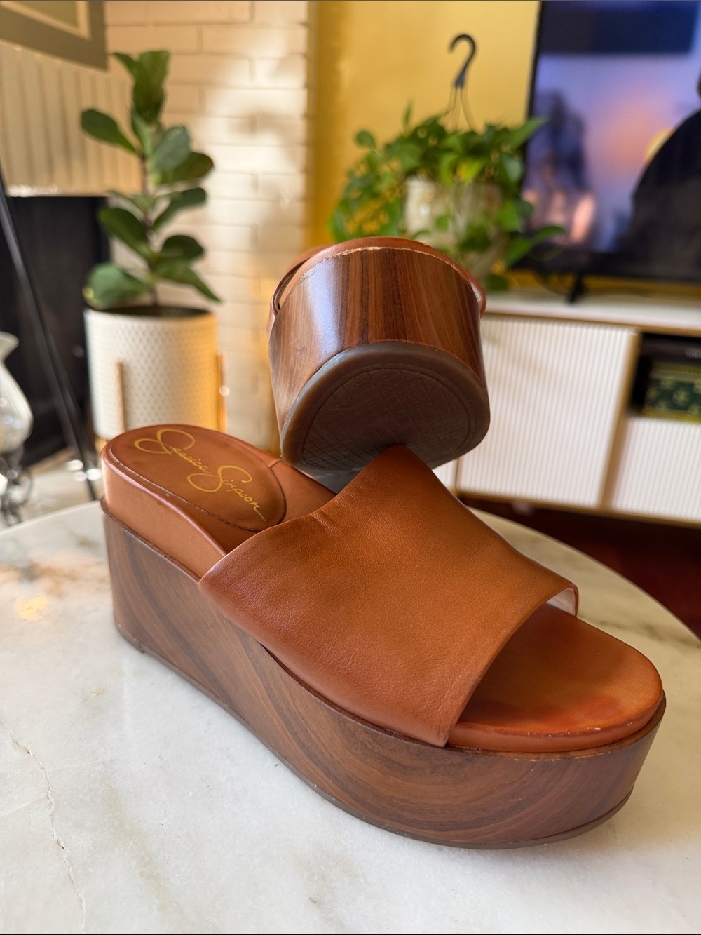 Jessica Simpson Crissie Cognac Leather Platform Slide Wedges